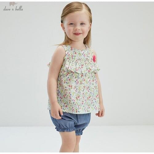 DBM17768 dave bella summer baby girls cute floral print clothing sets kids girl fashion sleeveless sets children 2 pcs suit