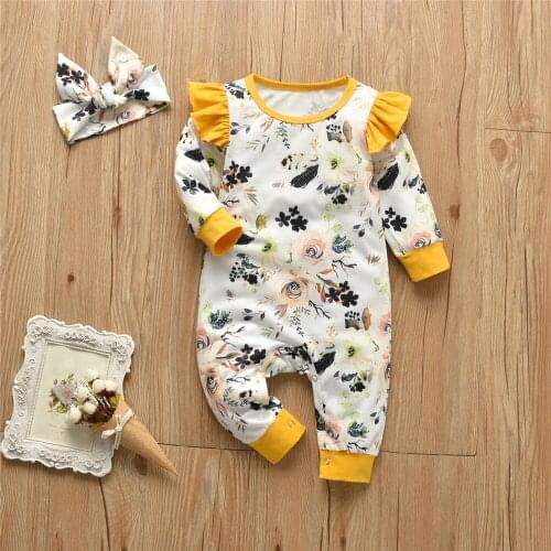 Hot Fashion Floral Baby Romper Printed Pullover Playsuit With Headband Long Sleeve Fall Outfits For Infant Baby Toddler Clothes