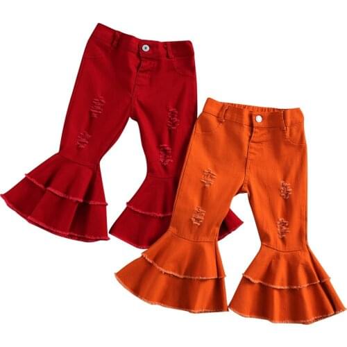 Citgeett Spring Solid 2-7Y Fashion Kids Girls Flared Jeans High Waist Button Ripped Trousers Pants Clothes