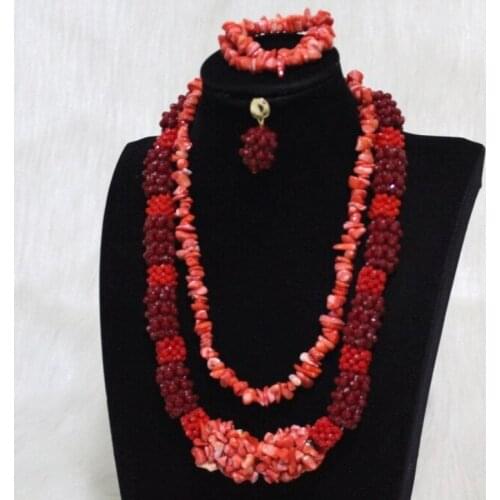 Dudo African Fine Jewelry Set Wine and Red Crystal Beaded Balls + Orange Coral Beaded Balls 3 Layers Nigerian bridal Jewelry Set