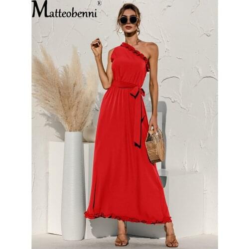 Summer Solid One Shoulder Maxi Dress Women Sexy Elegant Sashes Red Boho Evening Party Robe Long Dress With Belt Vestido Dresses
