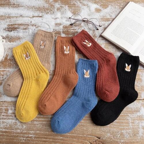 Cute Embroidery Cartoon Rabbit Women Thick Socks Warm Wool Kawaii Winter Desinger Kawaii Harajuku Gift Christmas Korean Novelty