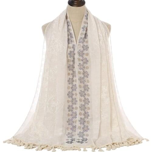 Fashion Glitter Viscose Hijab Scarf Shawl Designer Premium Embroidery Scarf with Tassels High Quality Long Shawls for Women