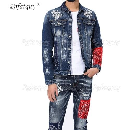 New Personality Mens Sets Spring Autumn Mens Hole Stitching Embroidery Ripped Jacket and Stretch Jeans 2 Piece Sets Streetwear