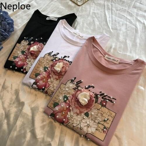 Neploe O Neck Flower Embroidery Pullover T Shirt Women Loose Causal Short Sleeve Tees Femme Summer 2021 New Cotton Top 1B271