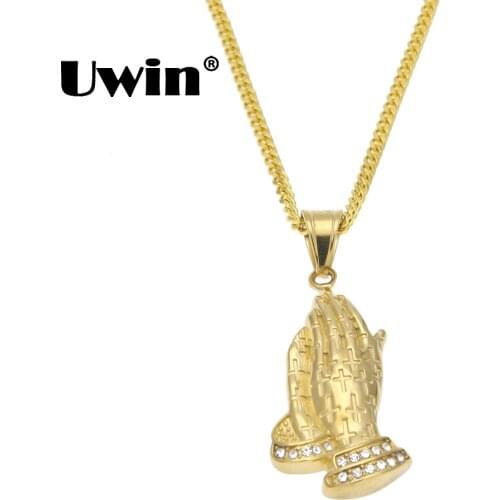 Uwin Fashion 2 Sizes Hiphop Necklace Prayer Hand Praying Hands Cross Pattern Pendants Stainless Steel Bling Rhinestone Jewelry