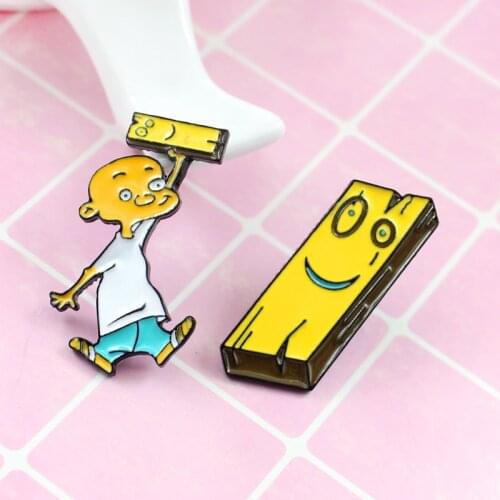 RNG cartoon enamel brooch bald boy wood board toy smiley wood board fun personality backpack lapel brooch jewelry badge gift