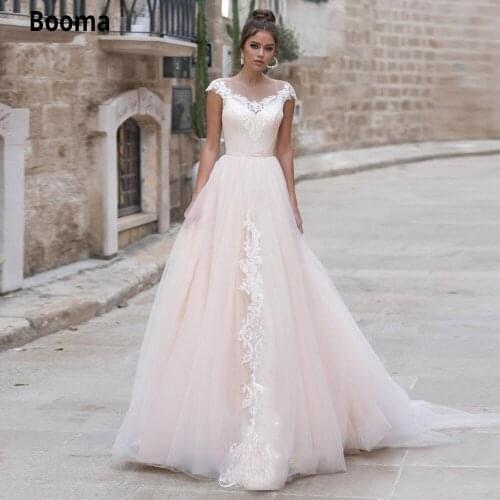 Booma Pink Beach Wedding Dresses A Line Sheer Neck Bridal Gowns Cap Sleeve Lace Appliqued Wedding Party Dress Boho Plus Size