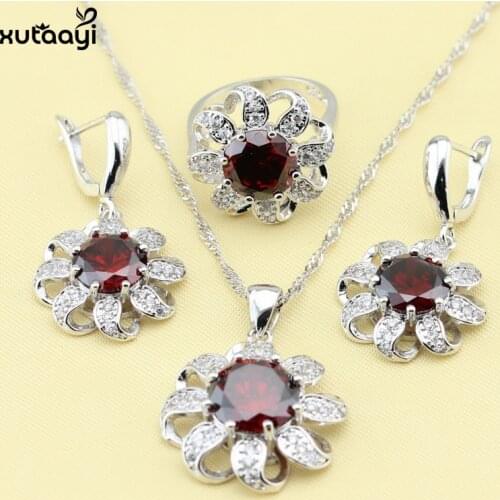 XUTAAYI 3PCS Top Flowers Silver Color Jewelry Sets For women Red synthetic Garnet Perfect Wedding Necklace/Rings/Earrings Sets