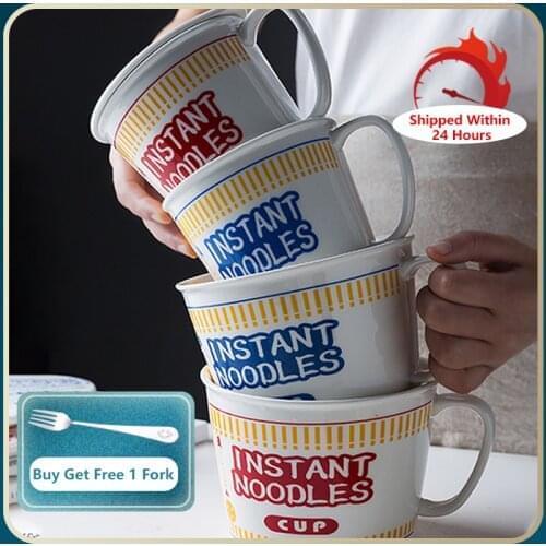 Japanese Ceramic Instant Noodle Bowl With Lid And Handle Noodle Bowl Salad Home Tableware Bowl Creative Kitchen Tableware