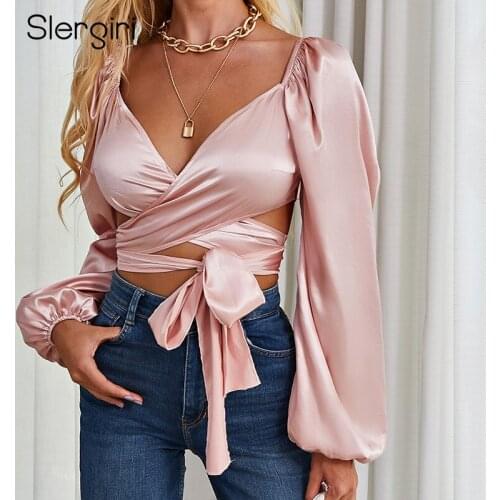 Slergiri 2020 Autumn Women Sexy Deep V Neck Belted Wrap Crop Top Puff Long Sleeve Lace up Club Party Backless Elegant Blouse