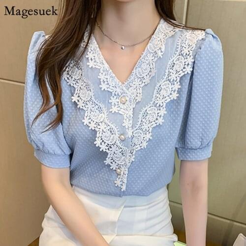 Summer Crochrt Lace Shirt Women Korean Chic V-neck Button Up Short Sleeve Tops Fashion Loose Women Blouses Blusas Mujer 14251