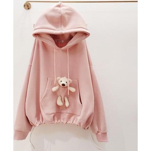 Spring Autumn Style Womens Hoodies Solid Color Pockets Animal Bear Casual Long Sleeve Printed Loose Sweatshirts AA4132