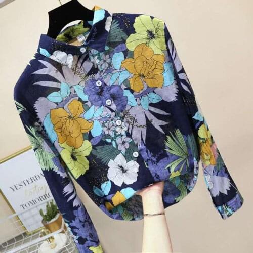 Womens Spring Autumn Style Cotton Blouses Shirts Womens Long Sleeve Printed Button Up Peter pan Collar loose Casual Tops SP652