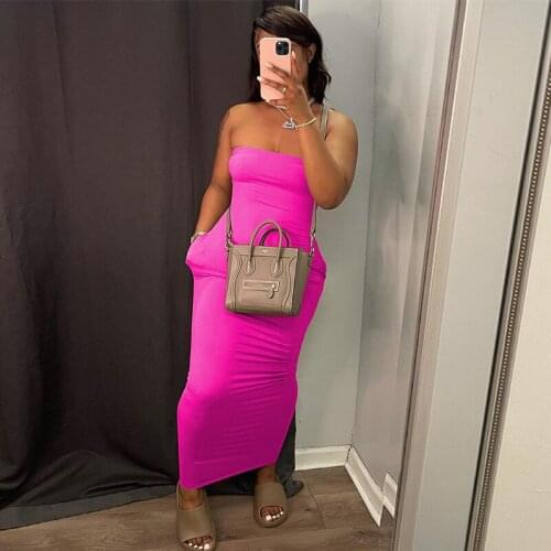 Sexy Off Shoulder Tube Dresses Summer Women Black Pink Basic Bodycon Sundress Strapless Stretchy with Pockets Bandage Robe Femme