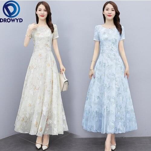 Bohemian Summer Blue Beach Maxi Dress Women O-neck Short Sleeve Floral Print Long Chiffon Dresses 2021 Elegant Party Vestidos