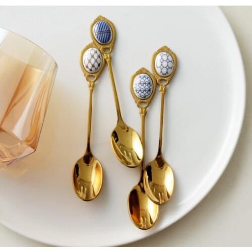 English Creative Spoon Embossed Gold-plated Coffee Stirring Spoon European Court Style Dessert Spoon Afternoon Tea Spoon