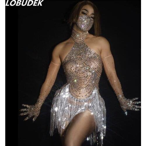 Shining Silver Rhinestones Sleeveless Nude Mesh Transparent Tassel Bodysuit Elastic Skinny Fringe Latin Dance Leotard Stage Wear