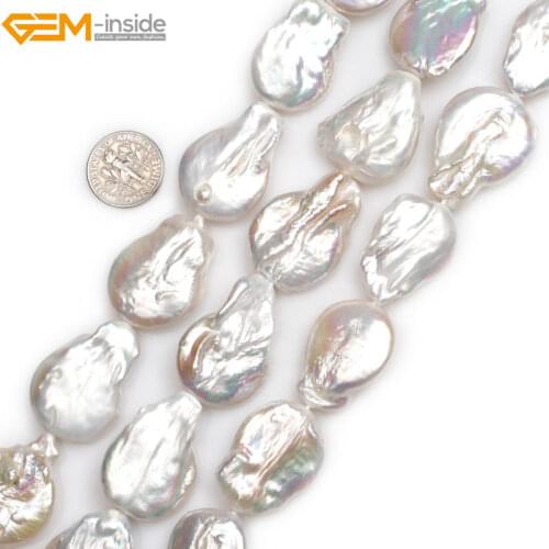 Gem-inside Natural Big Large White Pink Flat Coin Drop Freshwater Cultured Pearls Beads for Jewelry Making 15'' DIY Jewellery