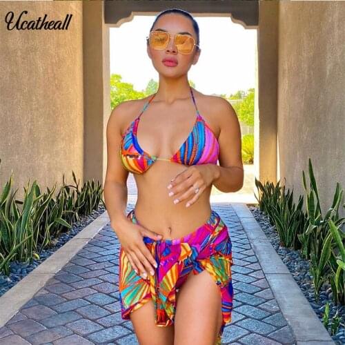 Women Sweet Two Piece Bikini Set Print Cover Up Skirt +v Beck Crop Top +Thong Suits Female Holiday Three-piece Set
