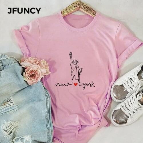JFUNCY 2021 Plus Size Summer Women T Shirt Oversize Short Sleeve Loose Female Tops Statue of Liberty Print Lady Casual T-shirt