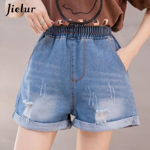 Jielur Summer Casual Women Short Jeans Oversize S-5XL High Waist Jeans Female Crimping Scratched Elastic Waist Denim Shorts Hot