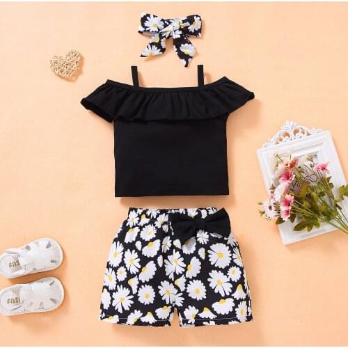 3 Pcs Toddler Baby Girl Summer Clothes Solid Color Off shoulder Ruffle Tank Top + Daisy Print Bowknot Shorts + Headband Outfits