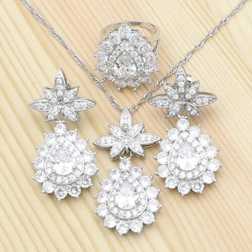 925 Silver Wedding Jewelry kits For Women Crystal Cubic Zirconia Pineapple Pendant Necklace Ring Earrings Silver Set For Bride