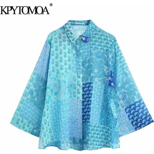KPYTOMOA Women 2021 Fashion Patchwork Paisley Print Loose Blouses Vintage Long Sleeve Button-up Female Shirts Blusas Chic Tops