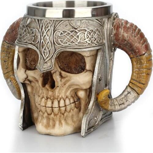 Stainless Steel Skull Mug Viking Ram Horned Pit Lord Warrior Beer Stein Tankard Coffee Mug Tea Cup Halloween Bar Drinkware Gift