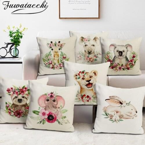 Fuwatacchi Linen Cushion Cover Cute Elephant Deer Bear Print Pillow Cover Decorative Throw Pillowcases For Sofa Car Home Decor