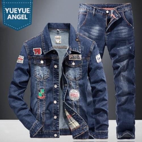 Motorcycle Bikers Denim Two Piece Set Fashion Jacket Jeans Mens Sets Streetwear Spring Long Sleeve Outerwear Pants Matching Sets