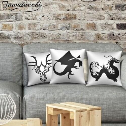 Fuwatacchi Chinese Dragon Printed Cushion Cover Black Dinosaur Photo Pillow Cover for Home Sofa Car Chair Decorative Pillowcases