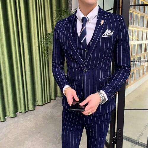 2021Spring and Autumn New Fashion Casual Men Solid Color Stripe Business Casual Slim Three-piece Set Wedding Suits for Men