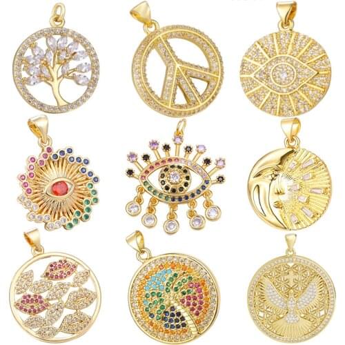 Juya DIY Pendant Jewelry Making Accessories Handmade Gold Tree Of Life Peace Evil Eye Love Moon Star Eagle Cross Charms Supplies