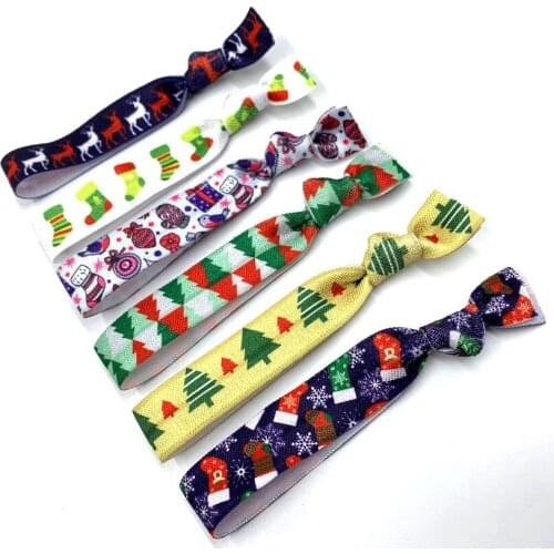 Hot Christmas Hair Tie Santa Claus Snowman Deer Print Ponytail Holder Red Deer FOE Elastic Hair Band 100 pcs/lot assorted colors