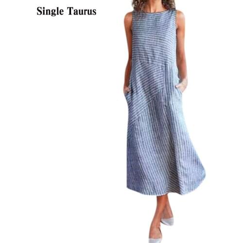 Stripe Print Casual Dress 2020 Summer Sleeveless O Neck Loose Vestido Female Robe Streetwear Simple Elegant Women Long Dress