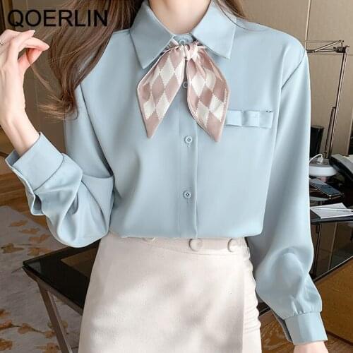 QOERLIN French Retro Plaid Bowtie Shirt Women Plus Size Fashion Elegant Lapel Long Sleeve Blouse Lantern Sleeve Tops Shirt S-2XL