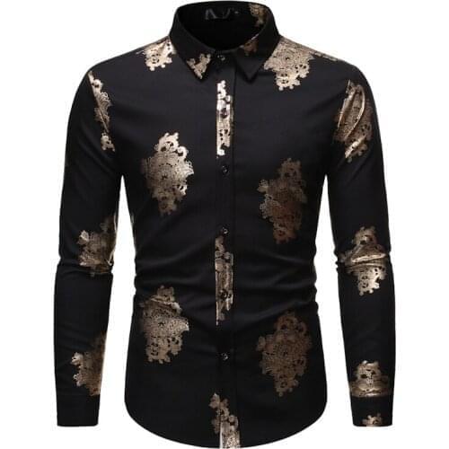 Mens Luxury Gold Foil Print Floral Dress Shirts Slim Fit Long Sleeve Shirt Men Disco Party Shirt Male Wedding Stage Costumes