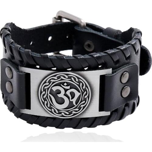 Charms Om Yoga Symbol Wide Wrap Layer Bangle Genuine Leather Watch Strap Bracelet Jewelry Punk Men Cuff Jewelry Pulsera Hombre