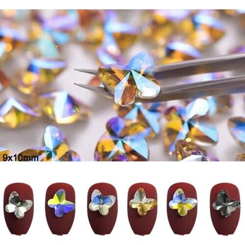10Pcs 9x10mm Butterfly Nail Art Rhinestone Pointed Bottom K9 Glass Crystal Stone 3D Fingernail DIY Decoration Accessories