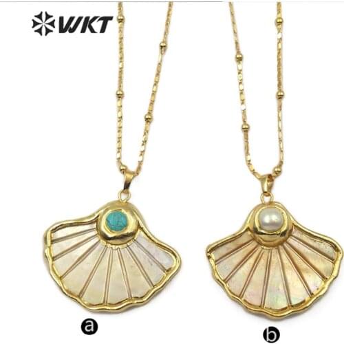 WT-JN067 Carved Yellow Shell Necklace Skirts Shape Sea Shell With Turquoises&Pearl Charm Pendant Boho Gold Necklace Beach Jewel
