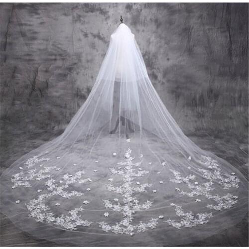 2019 Princess Ladies Long Cathedral Bridal Veil Lace Appliques 3M 5M Long Bridal Wedding Accessories With 3D Flowers Adorned