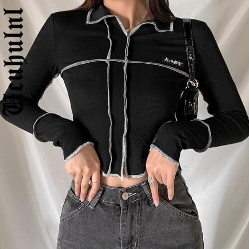 Ucuhulnl Punk Black Techwear Gothic Women T-Shirts Grunge Hip Hop Bodycon Patchwork Crop Tops Long Sleeve Basic Streetwear Tee