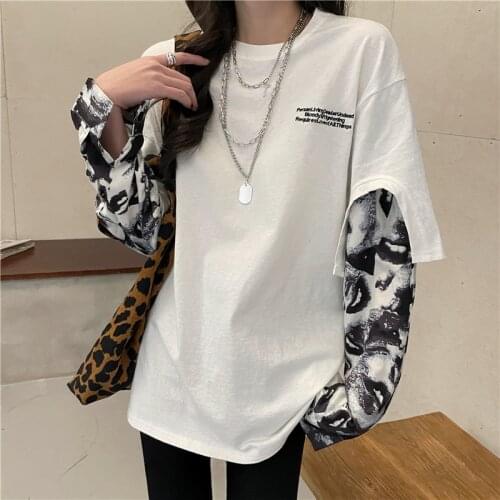 Female Korean Harajuku Retro Fake Two-piece Letter Print T-shirt Womens T-shirts Tops Japanese Kawaii Ulzzang Clothes For Women