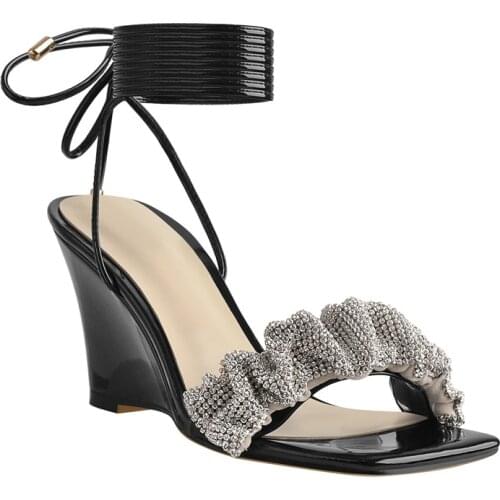 Richealnana Lace Up Square Toe Sandals Women 2021 Wedges Heel Crystal Dotted Decoration Ankle Strap Patent Leather Summer Sandal