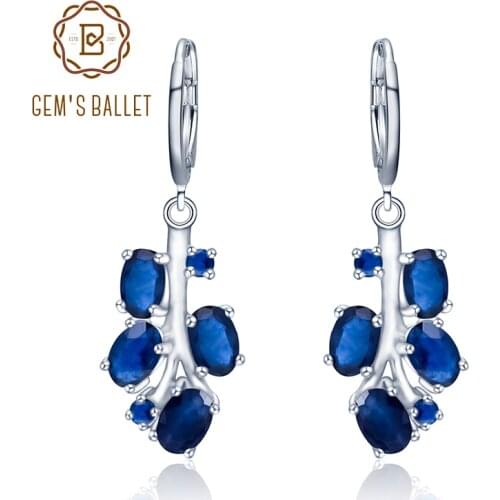 GEMS BALLET 4.37Ct Natural Blue Sapphire Gemstone Earrings 925 Sterling Silver Leaves Drop Earrings For Women Fine Jewelry
