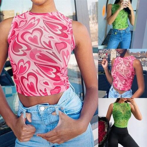 Print Mesh Crop Top Women Y2K Sexy Off Shoulder Summer See Through Sleeveless Fashion Tank Tops