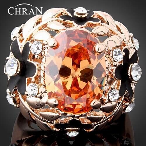 Chran Brand Jewelry Gold Color Crystal Enamel Flower Rings Fashion Sparkling Cubic Zircon Promised Women Rings Accessories