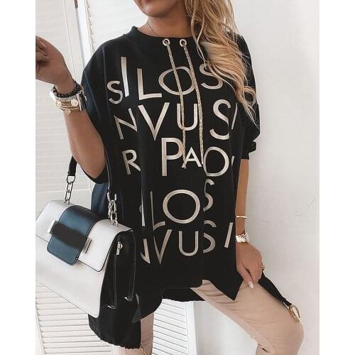 Women Letters Print Split T-shirt Dress Loose Round Neck Short Sleeve A-Line Party Dress Ladies Casual Patchwork Knee Dresses